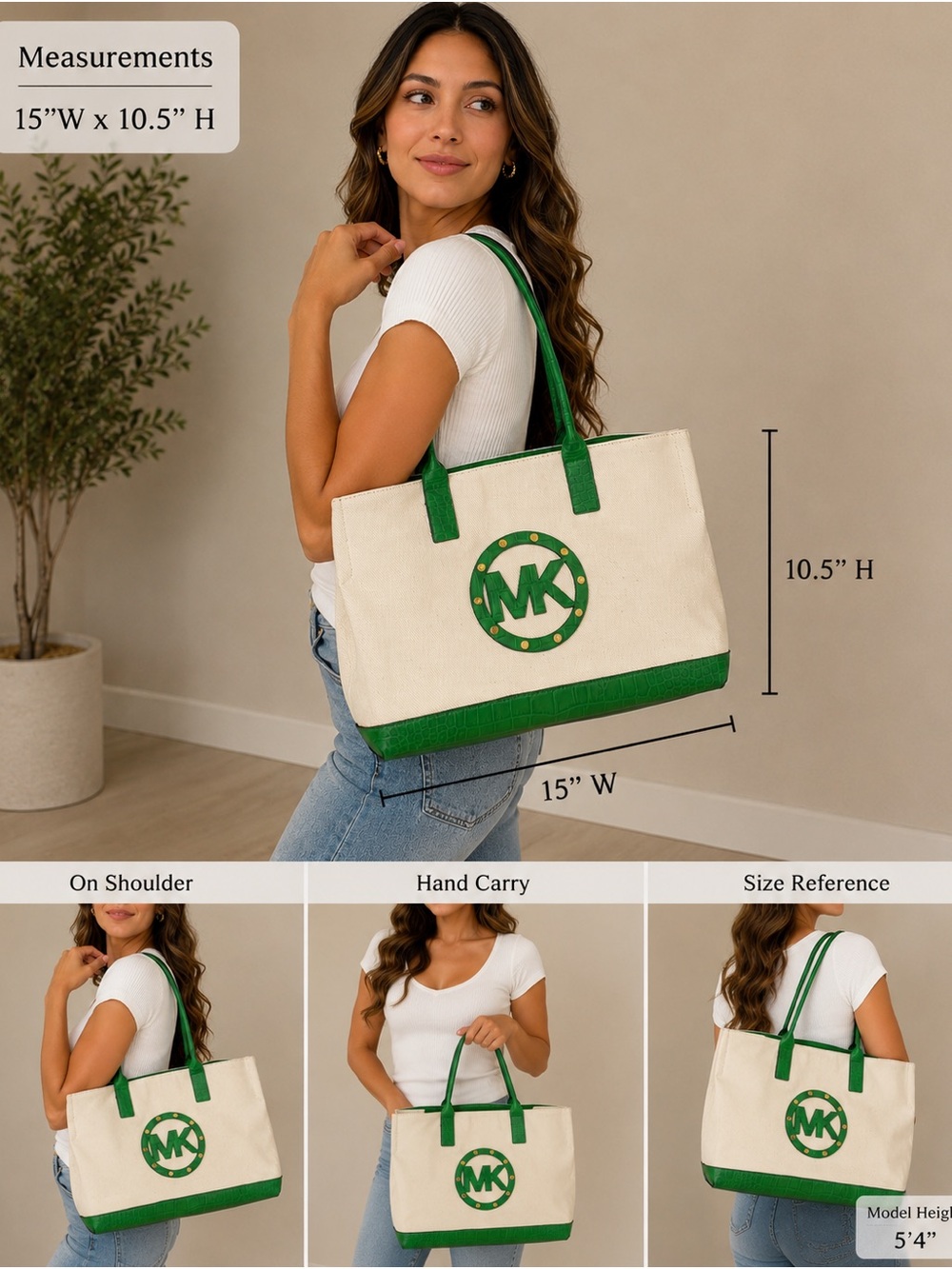 Michael Kors Cream Canvas Tote with Green Trim and MK Logo